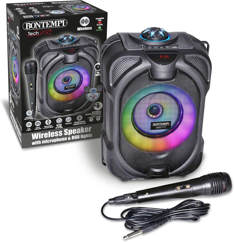 BONTEMPI CASSA ACUSTICA WIRELESS CON MICROFONO DINAMICO - LUCI RGB E FUNZIONE TWS E RADIO 49 1020