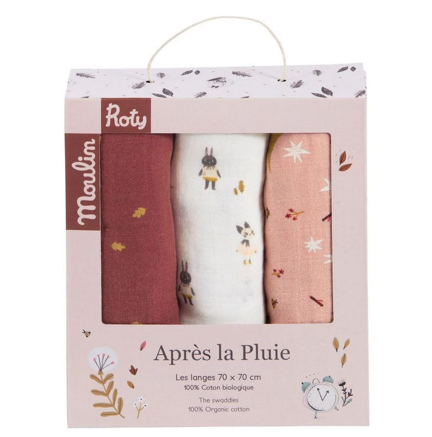 MOULIN ROTY SET 3 COPERTINE 70X70CM, APRÈS LA PLUIE, MUSSOLA COTONE BIO 715275 MOULIN ROTY SET 3 COPERTINE 70X70CM, APRÈS LA PLUIE, MUSSOLA COTONE BIO 715275