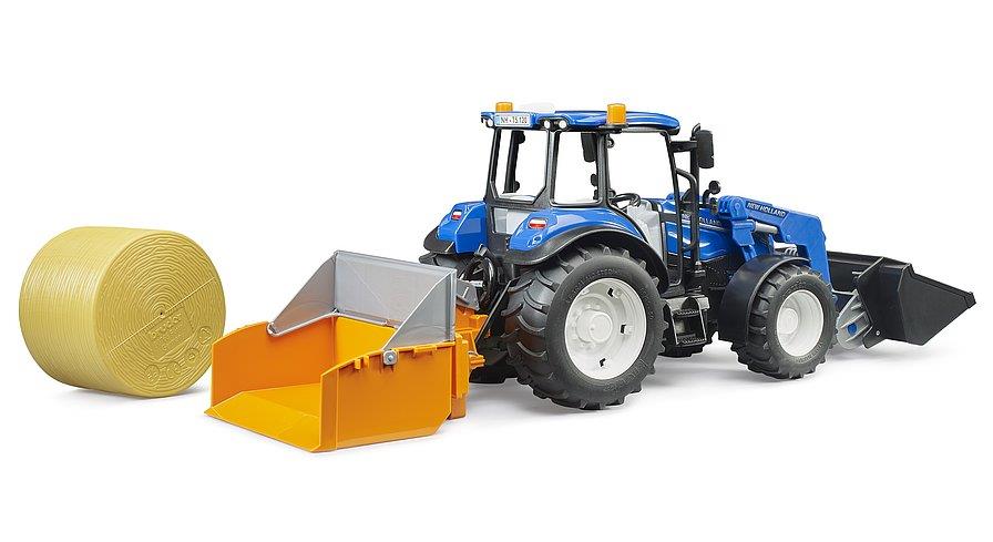 BRUDER TRATTORE NEW HOLLAND T5.120 CON CAR/FRONTALE - CASSONE - FORCHE E BALLE 02187 BRUDER TRATTORE NEW HOLLAND T5.120 CON CAR/FRONTALE - CASSONE - FORCHE E BALLE 02187